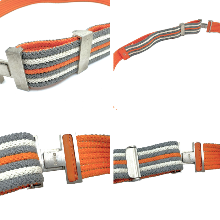 【中古】エルメス HERMES ベルト Hバックル ゴムベルト ボーダー カジュアル オレンジ グレー ホワイト i0627aq01987