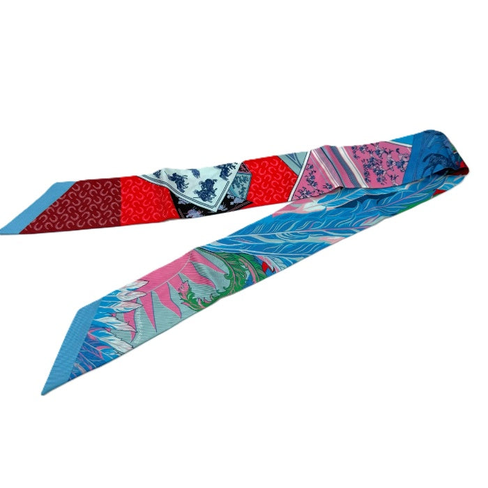 【中古】エルメス HERMES ツイリー スカーフ スリム 馬と不死鳥 ブルー レッド ピンク i0627aq02787