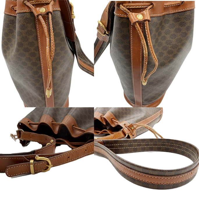 【中古】CELINE セリーヌ ショルダーバッグ 巾着バッグ マカダム柄 ブラウン系 レザー×PVC i0922lq01260