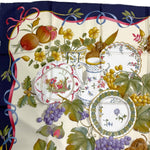 将图片加载到图库查看器，【中古】サルヴァトーレフェラガモ Salvatore Ferragamo スカーフ シルク 果物 食器柄 ネイビー アイボリー i0606aq02430
