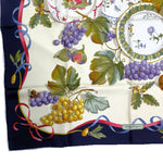 将图片加载到图库查看器，【中古】サルヴァトーレフェラガモ Salvatore Ferragamo スカーフ シルク 果物 食器柄 ネイビー アイボリー i0606aq02430
