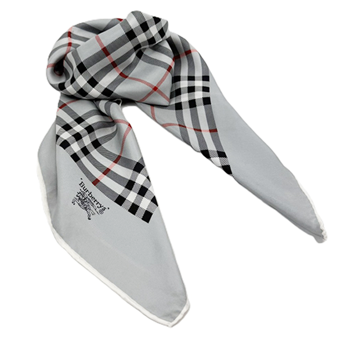 【中古】BURBERRY バーバリーズ スカーフ グレー チェック柄 シルク100% 大判 i0907oq02330