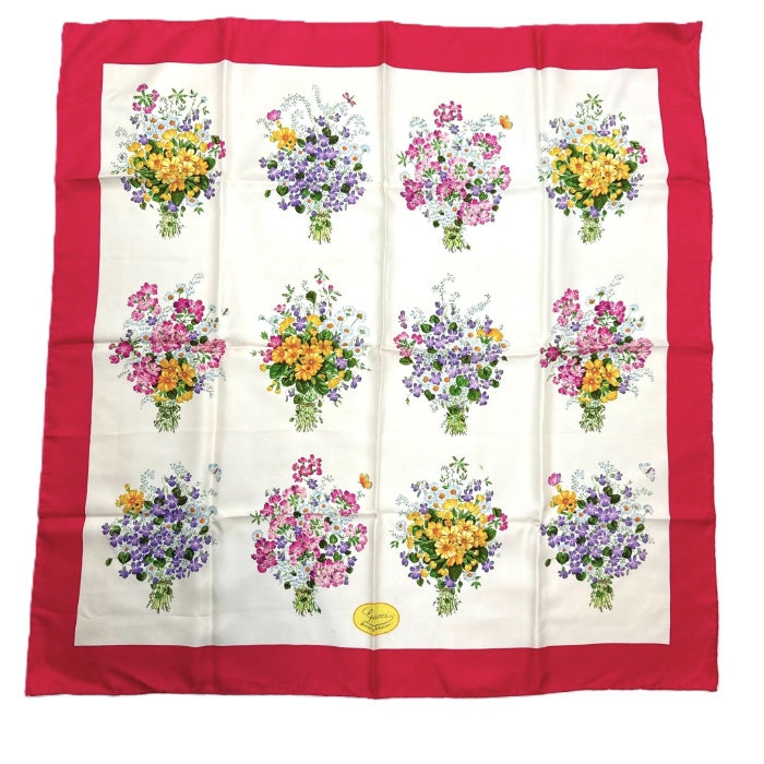 【中古】グッチ GUCCI スカーフ 花束柄 バイカラー 可愛い 小花 カラフル オフホワイト ダークピンク i0727tq02410