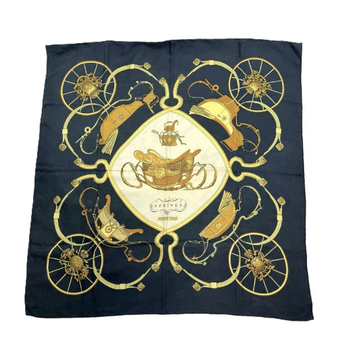 【中古】エルメス HERMES スカーフ カレ90 柄 おしゃれ すみ黒 アイボリー イエロー系 i0601oq00769