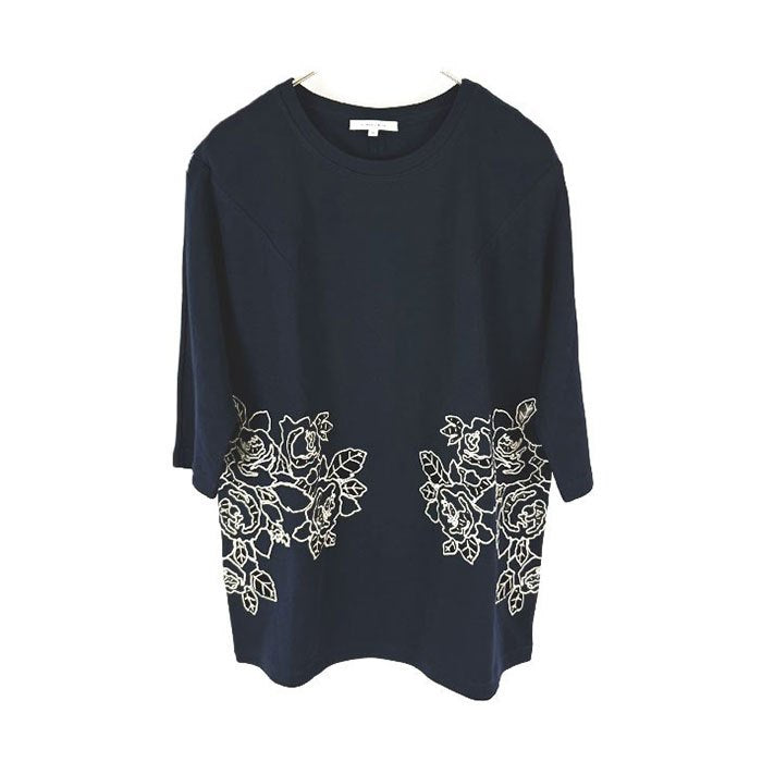 【中古】カルヴェン CARVEN カットソー 5分袖 レース くり抜き コットン チュニック ネイビー 紺 i0818n0034