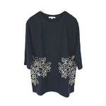 将图片加载到图库查看器，【中古】カルヴェン CARVEN カットソー 5分袖 レース くり抜き コットン チュニック ネイビー 紺 i0818n0034
