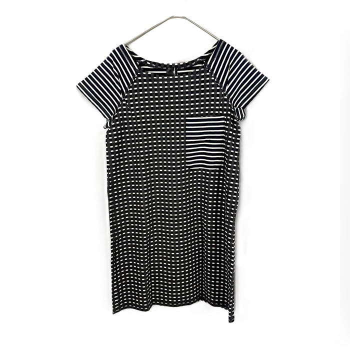 【中古】アオイ aoi 半袖チュニック ワンピース チェック ボーダー マルチ柄 タグ付き ブラック ホワイト i0515n0133