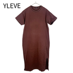 将图片加载到图库查看器，【中古】イレーヴ YLEVE 半袖ワンピース ワインレッド コットン100% j0721s0075
