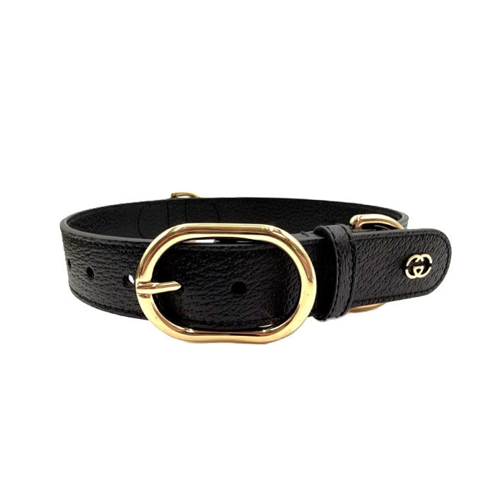【中古】グッチ GUCCI ペット用 首輪 インターロッキングG レザー 箱付き GGロゴ ブラック ゴールド i0710lq020121