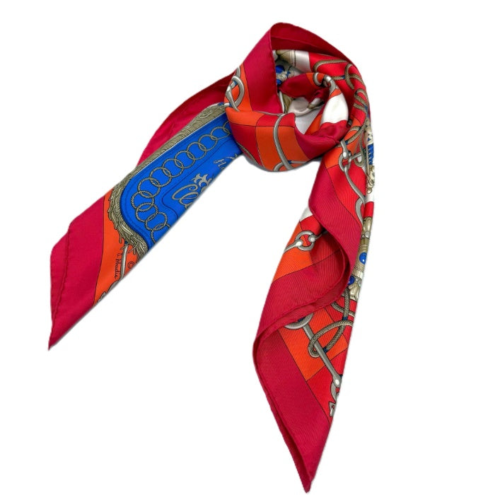 【中古】エルメス HERMES スカーフ カレ90 cliquetis 大判 シルク 柄 レッド アイボリー ブルー i0606aq021100