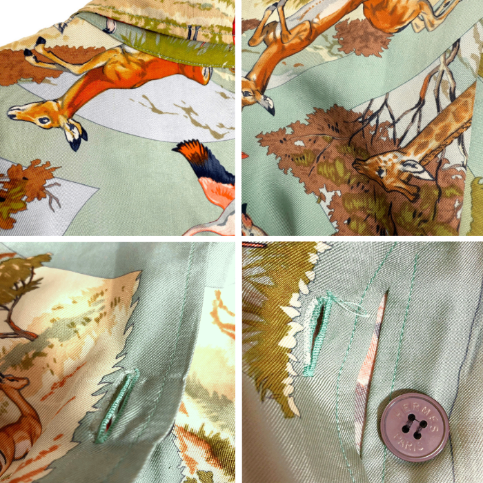 【中古】エルメス HERMES シルクブラウス 長袖 アニマル柄 動物 上質 くすみグリーン系 i0627aq012230