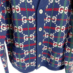 画像をギャラリービューアに読み込む, 【中古】GUCCI グッチ GG柄 ニットカーディガン ウール ブルー スタッズ i1024oq006550
