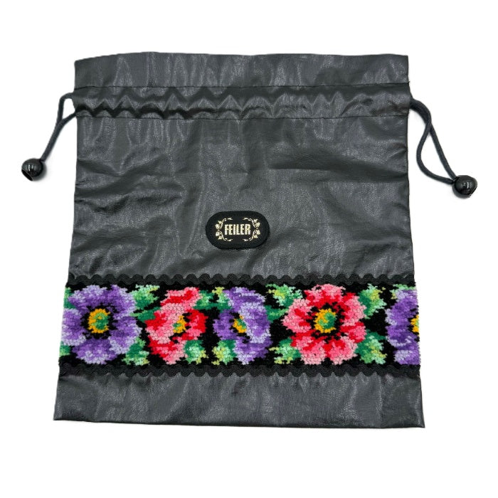 【中古】フェイラー FEILER ポーチ 巾着 レザー調 花柄 可愛い ブラック マルチカラー i0727tq0036