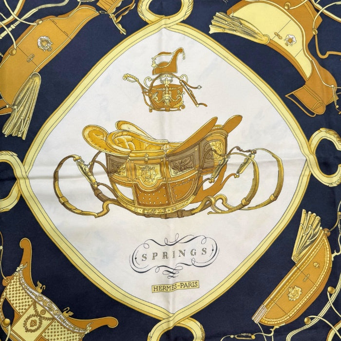 【中古】エルメス HERMES スカーフ カレ90 柄 おしゃれ すみ黒 アイボリー イエロー系 i0601oq00769