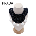 将图片加载到图库查看器，【中古】プラダ PRADA ビジュー 付け襟 ブラック ホワイト コットン リボンカラー ビブカラー j0626oq00625
