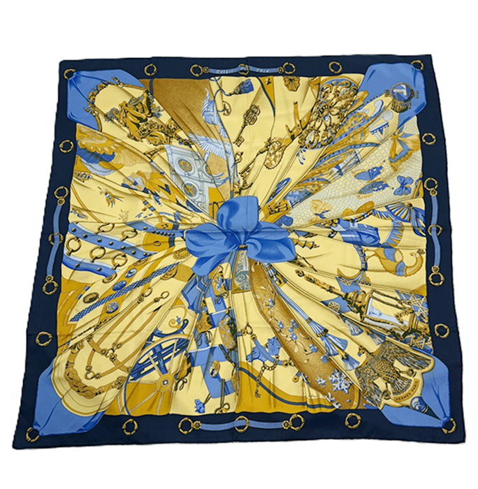 【中古】HERMES エルメス カレ90 SOLIEL DE SOIE 太陽の大帆 シルクスカーフ ネイビー×イエロー シルク 大判 スクエア 正方形 i0907oq013115