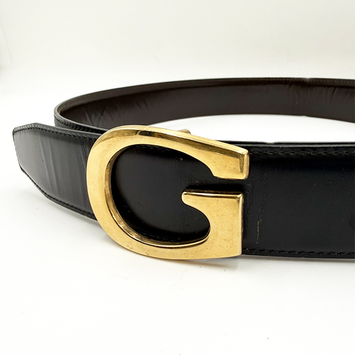 中古】GUCCI グッチ 本革 レザーベルト ブラック 黒 ゴールドGバックル