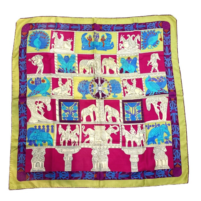 【中古】エルメス HERMES スカーフ 塔門 TORANA 柄 カラフル おしゃれ マルチカラー くすみライトグリーン系 i0810oq00680