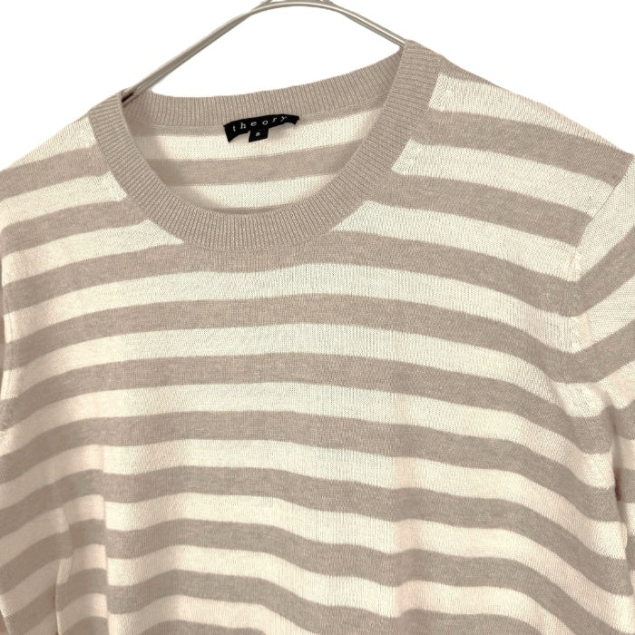 【中古】セオリー Theory ボーダーニット クルーネック コットン カシミヤ 薄手 アイボリー ベージュ i0703n0114