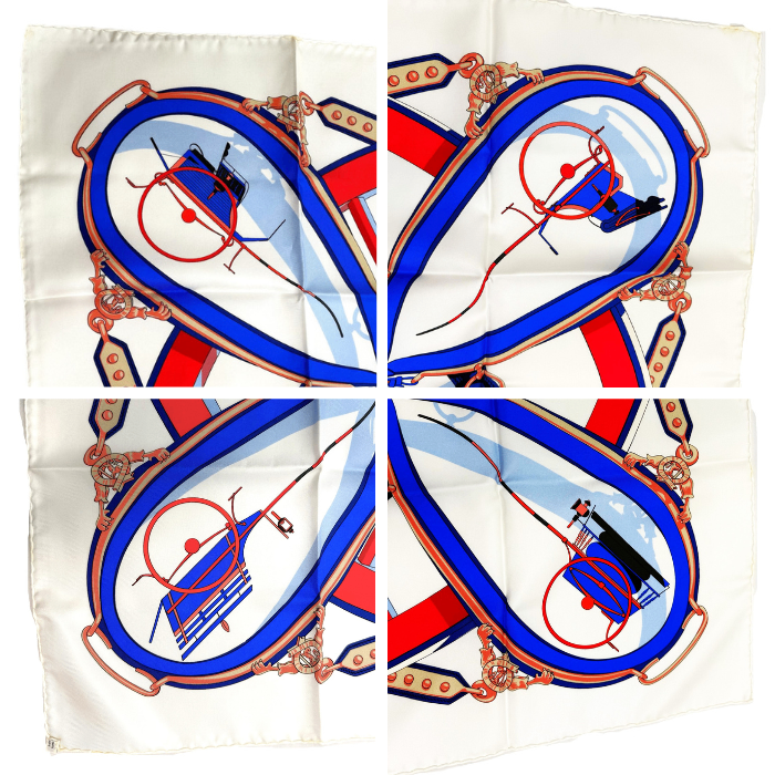 【中古】エルメス HERMES スカーフ 自由への車輪 En Route Libre ホワイト ブルー レッド i0810oq004103