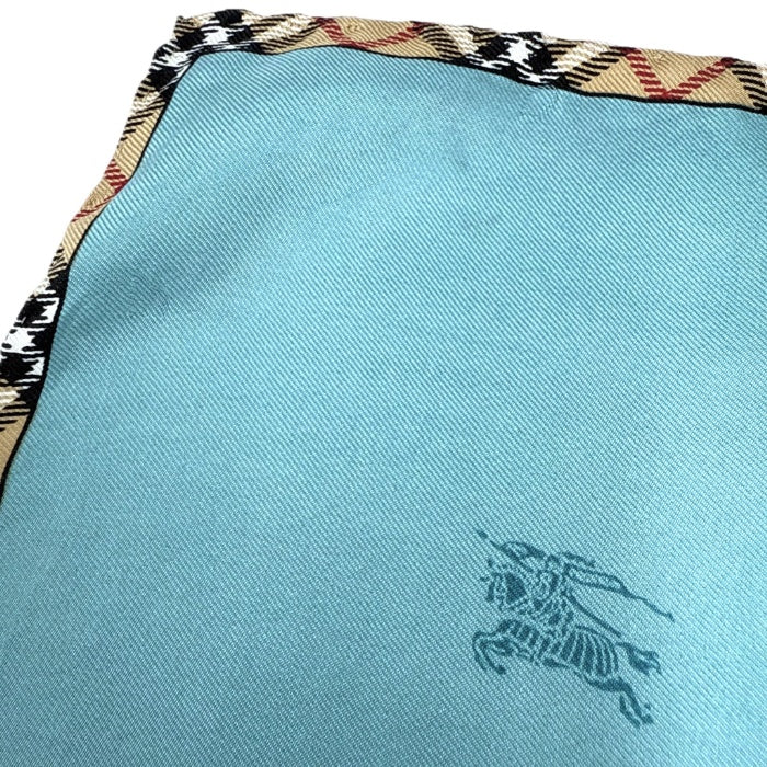 【中古】バーバリー BURBERRY スカーフ ロゴ 縁チェック おしゃれ シルク くすみブルー ベージュ i0727tq0073
