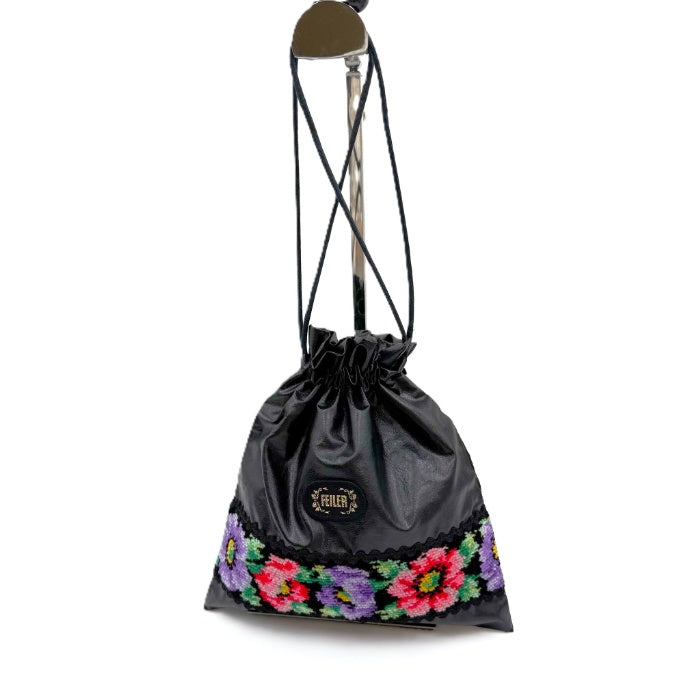 【中古】フェイラー FEILER ポーチ 巾着 レザー調 花柄 可愛い ブラック マルチカラー i0727tq0036