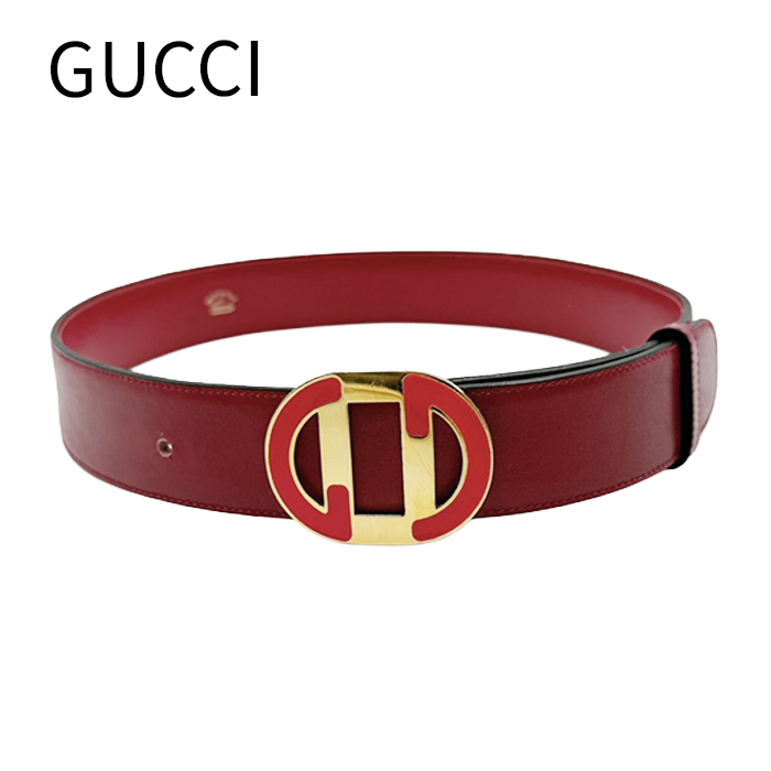 中古】GUCCI グッチ レザーベルト レッド ゴールドバックル レディース
