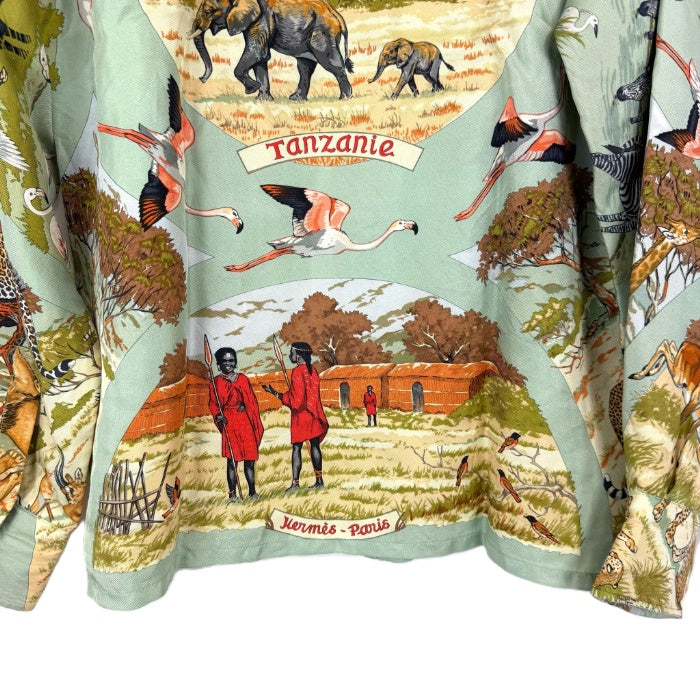 【中古】エルメス HERMES シルクブラウス 長袖 アニマル柄 動物 上質 くすみグリーン系 i0627aq012230