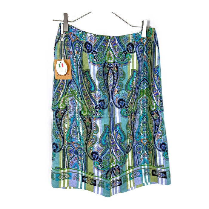 【中古】スキャパ SCAPA リネンひざ丈スカート ペイズリー柄 ストライプ ブルー系 i0703n0064