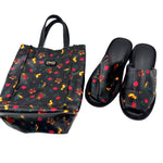 画像をギャラリービューアに読み込む, 【中古】フェイラー FEILER スリッパ 収納バッグ付き オープントゥ 柄 花 蝶 鳥 ブラック マルチカラー i0727tq01714
