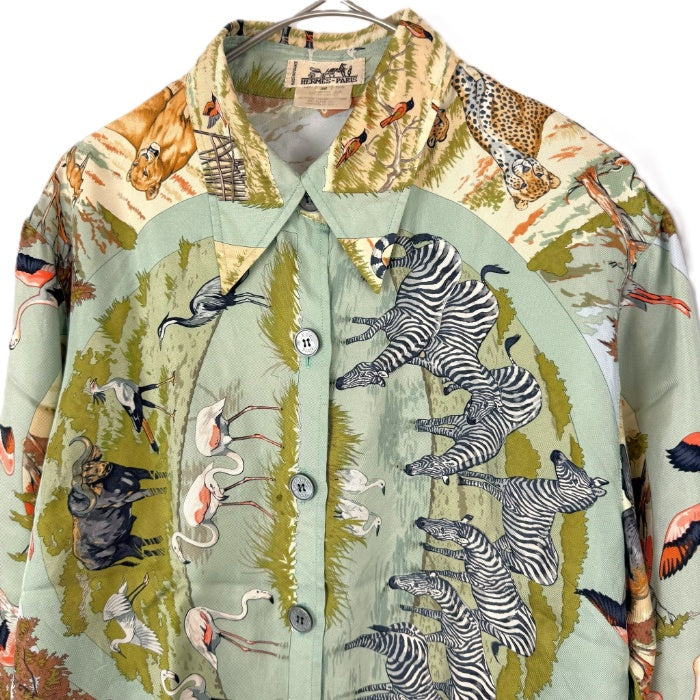 【中古】エルメス HERMES シルクブラウス 長袖 アニマル柄 動物 上質 くすみグリーン系 i0627aq012230