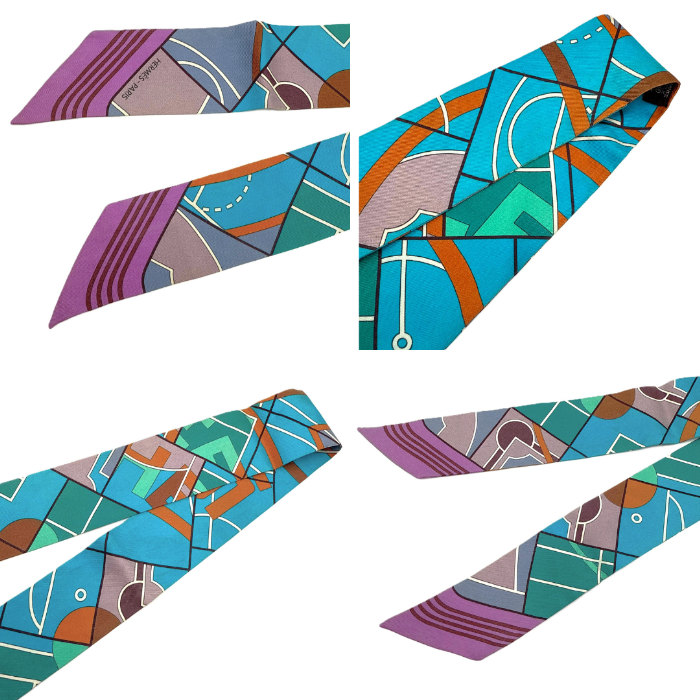 【中古】エルメス HERMES ツイリー スカーフ スリム 幾何学模様 ブルー パープル グリーン 茶 i0627aq003104