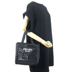 Load image into Gallery viewer, 【中古】プラダ PRADA ラフィアバッグ クロシェ トートバッグ メッシュ ロゴ刺しゅう 新品 未使用 ブラック 黒 i0305bq0011122
