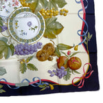 将图片加载到图库查看器，【中古】サルヴァトーレフェラガモ Salvatore Ferragamo スカーフ シルク 果物 食器柄 ネイビー アイボリー i0606aq02430
