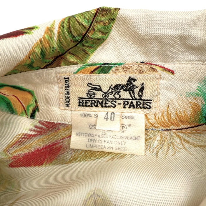 【中古】エルメス HERMES シルクブラウス PLUMES 長袖 羽 フェザー柄 上質 アイボリー ブラウン系 i0627aq011220