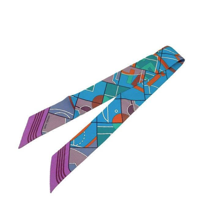 【中古】エルメス HERMES ツイリー スカーフ スリム 幾何学模様 ブルー パープル グリーン 茶 i0627aq003104