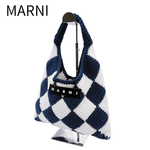 画像をギャラリービューアに読み込む, 【中古】マルニ MARNI ニット トートバッグ ハンドバッグ チェック柄 ネイビー j0618lq01066
