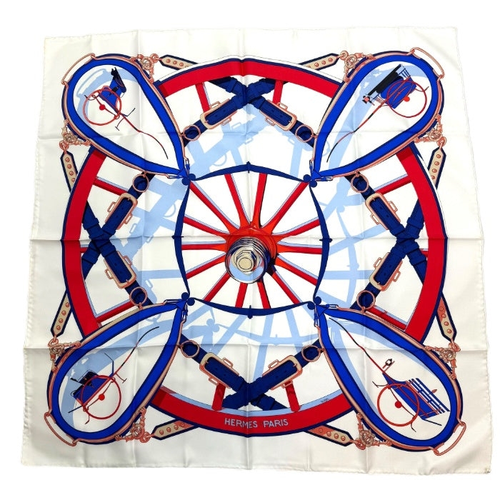 【中古】エルメス HERMES スカーフ 自由への車輪 En Route Libre ホワイト ブルー レッド i0810oq004103