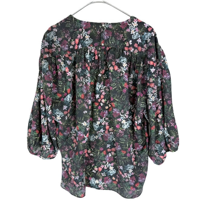 【中古】デプレ DES PRES 5分袖小花柄ブラウス 透け感 シアー バルーンスリーブ ブラック マルチカラー i0904n0075