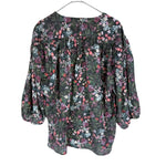 将图片加载到图库查看器，【中古】デプレ DES PRES 5分袖小花柄ブラウス 透け感 シアー バルーンスリーブ ブラック マルチカラー i0904n0075
