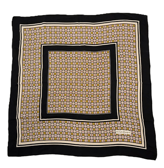 【中古】Yves Saint Laurent イヴサンローラン スカーフ シルク ネイビー系 チェック柄 スクエア 大判 レディ i0810oq0102