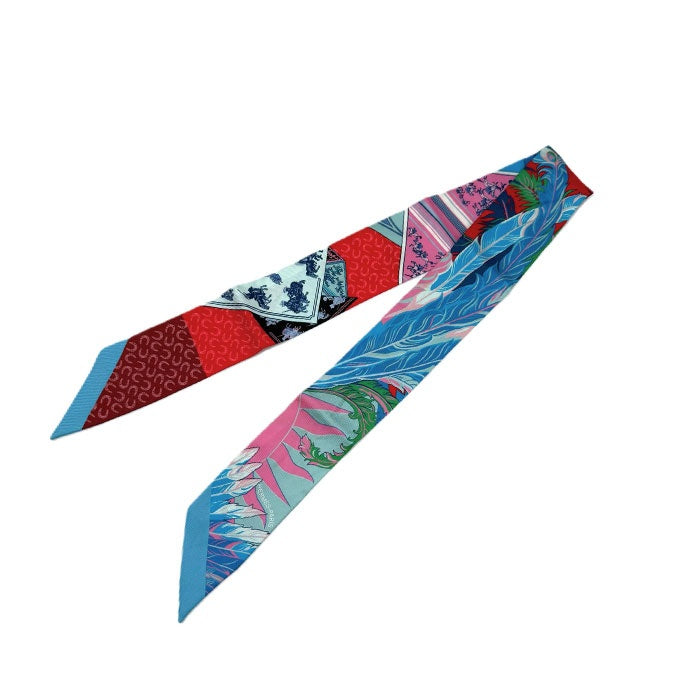 【中古】エルメス HERMES ツイリー スカーフ スリム 馬と不死鳥 ブルー レッド ピンク i0627aq02787