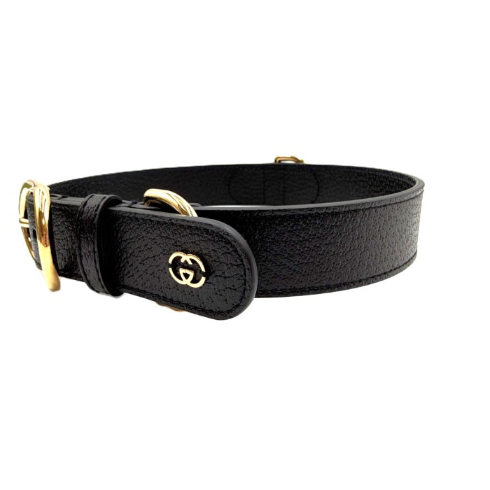 【中古】グッチ GUCCI ペット用 首輪 インターロッキングG レザー 箱付き GGロゴ ブラック ゴールド i0710lq020121