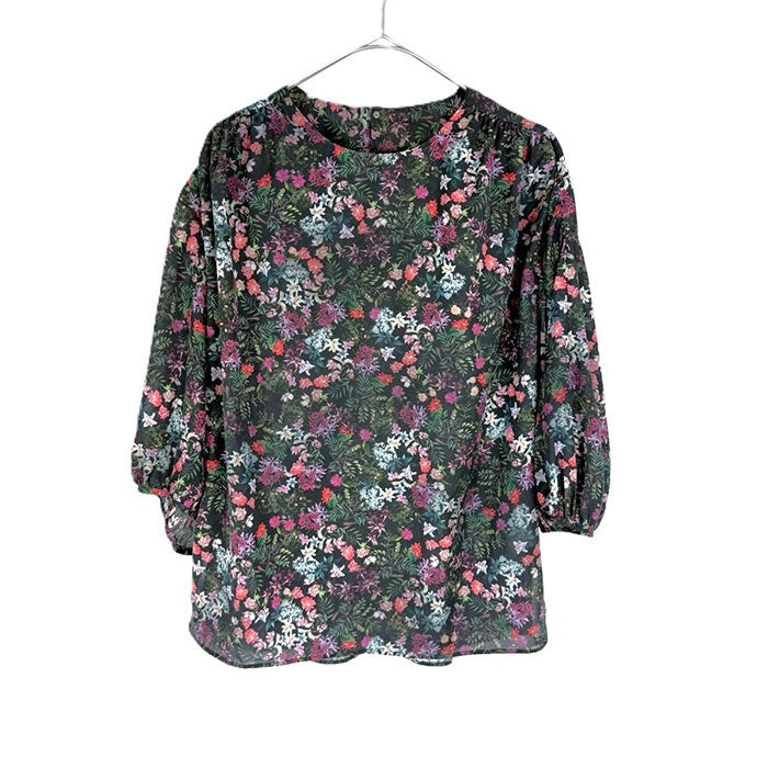 【中古】デプレ DES PRES 5分袖小花柄ブラウス 透け感 シアー バルーンスリーブ ブラック マルチカラー i0904n0075