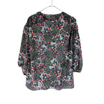 将图片加载到图库查看器，【中古】デプレ DES PRES 5分袖小花柄ブラウス 透け感 シアー バルーンスリーブ ブラック マルチカラー i0904n0075
