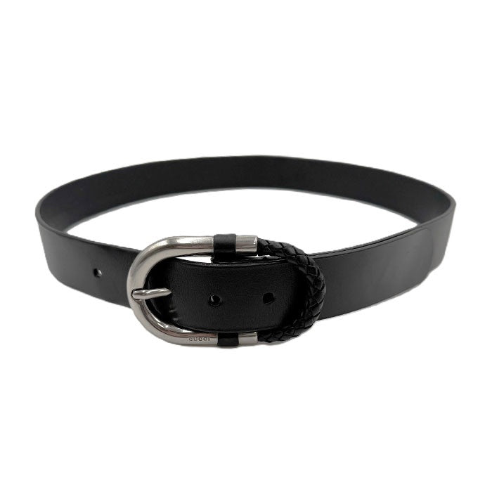 【中古】グッチ GUCCI ベルト シンプル レザー 編込み シルバーバックル ブラック 黒 i0606aq018110
