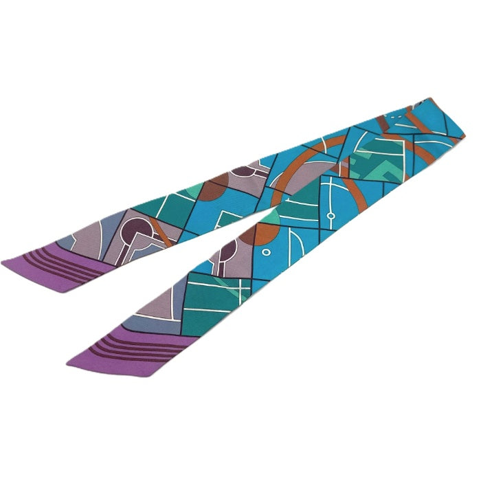 【中古】エルメス HERMES ツイリー スカーフ スリム 幾何学模様 ブルー パープル グリーン 茶 i0627aq003104