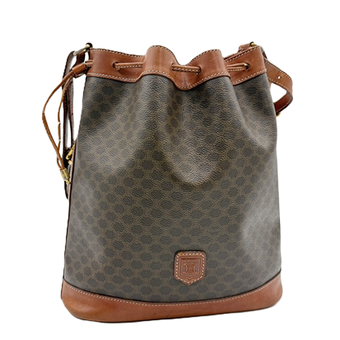 【中古】CELINE セリーヌ ショルダーバッグ 巾着バッグ マカダム柄 ブラウン系 レザー×PVC i0922lq01260