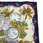 将图片加载到图库查看器，【中古】サルヴァトーレフェラガモ Salvatore Ferragamo スカーフ シルク 果物 食器柄 ネイビー アイボリー i0606aq02430
