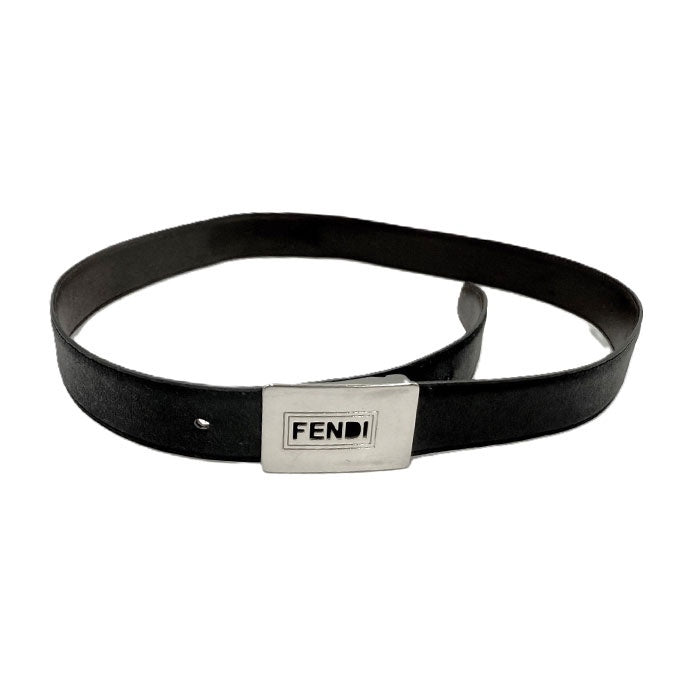 【中古】フェンディ FENDI ベルト ロゴくり抜きバックル つや消しレザー ブラック シルバー 黒 i0606aq02625